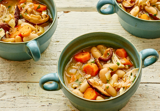 Chicken soup with farro & shiitake mushrooms